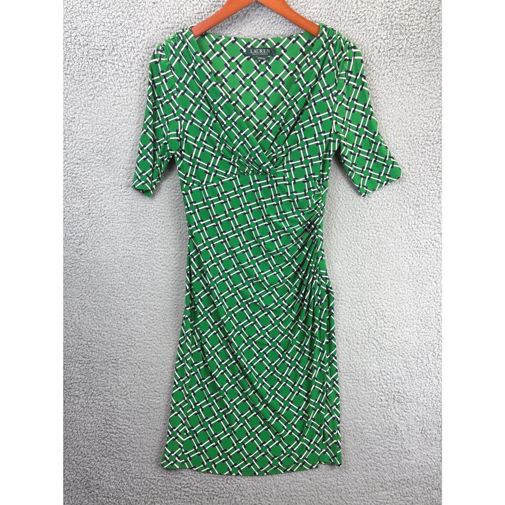 Lauren Ralph Lauren Ruched Wrap Dress Womens 4 Green Geometric Print Work